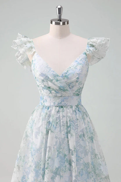 Dress Light Blue Flower Printed A-Line Cap Sleeves Zipper Up Long Prom Dress