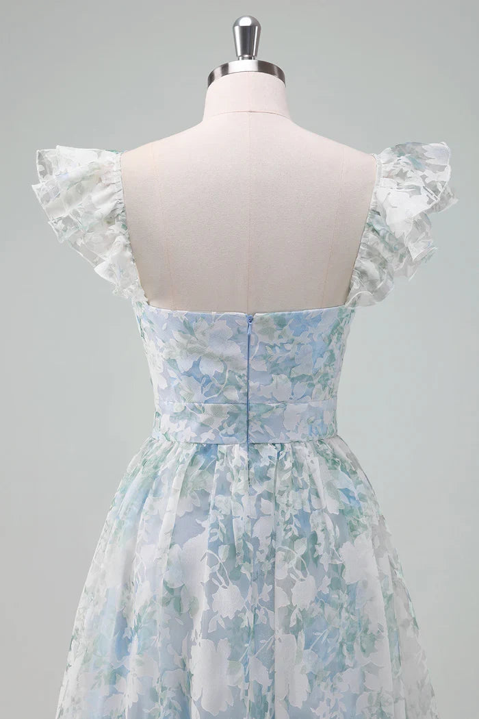 Dress Light Blue Flower Printed A-Line Cap Sleeves Zipper Up Long Prom Dress