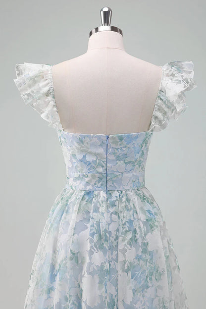 Dress Light Blue Flower Printed A-Line Cap Sleeves Zipper Up Long Prom Dress