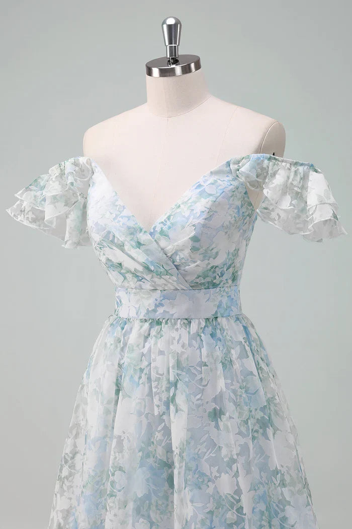 Dress Light Blue Flower Printed A-Line Cap Sleeves Zipper Up Long Prom Dress