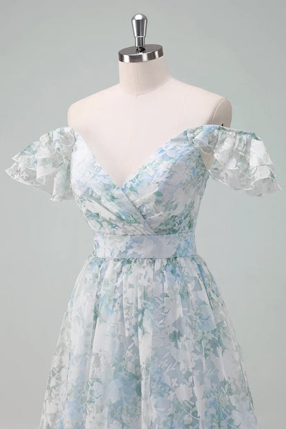 Dress Light Blue Flower Printed A-Line Cap Sleeves Zipper Up Long Prom Dress