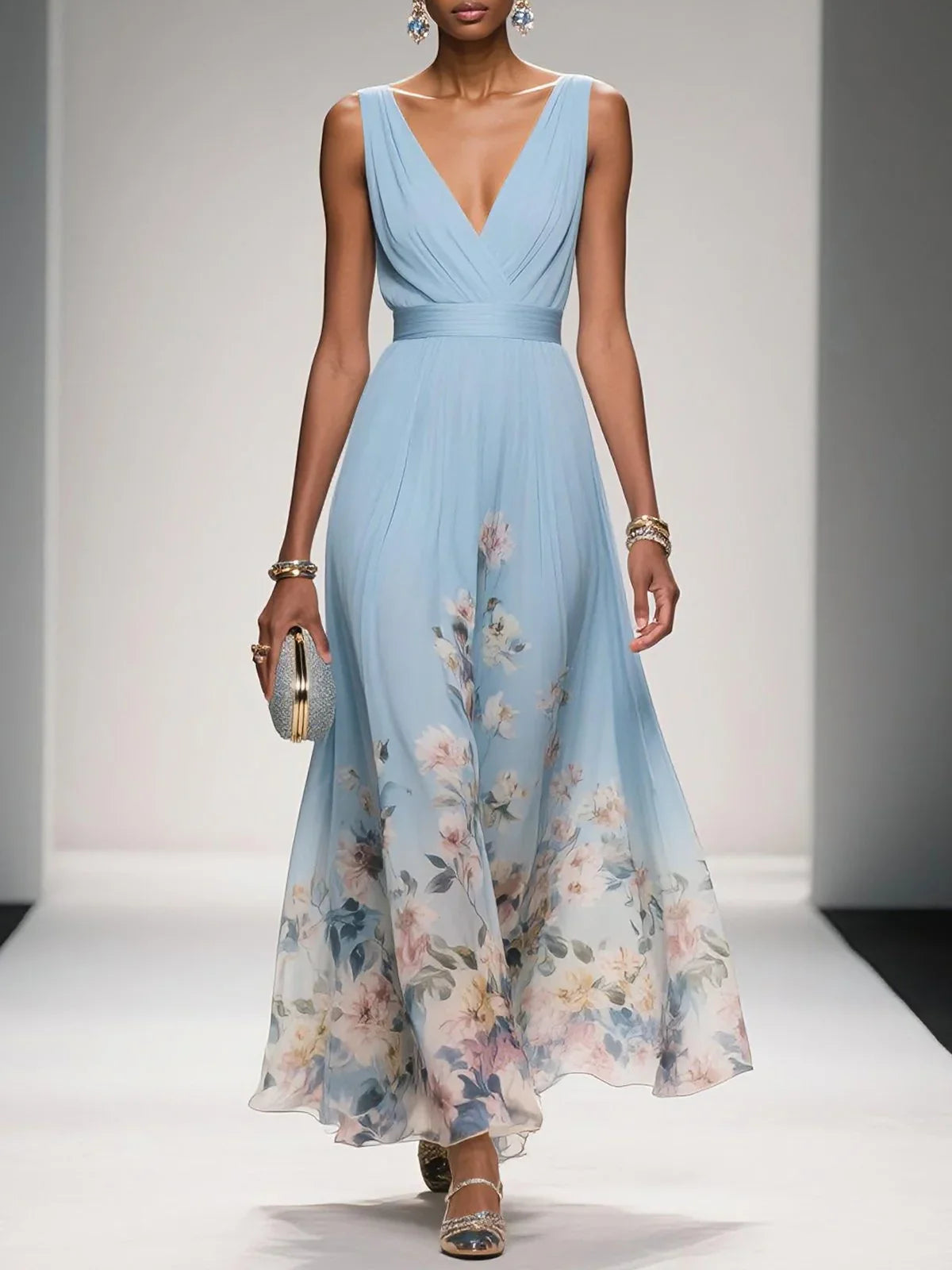 Dress Light Blue Romantic Floral Chiffon V Neck Sleeveless A-Line Maxi Dress Pleats Prom Dress