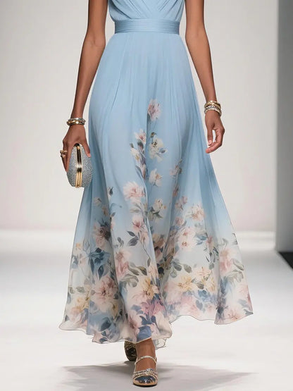Dress Light Blue Romantic Floral Chiffon V Neck Sleeveless A-Line Maxi Dress Pleats Prom Dress