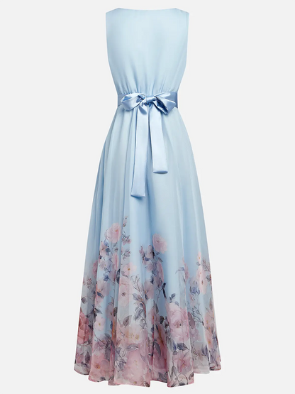 Dress Light Blue Romantic Floral Chiffon V Neck Sleeveless A-Line Maxi Dress Pleats Prom Dress
