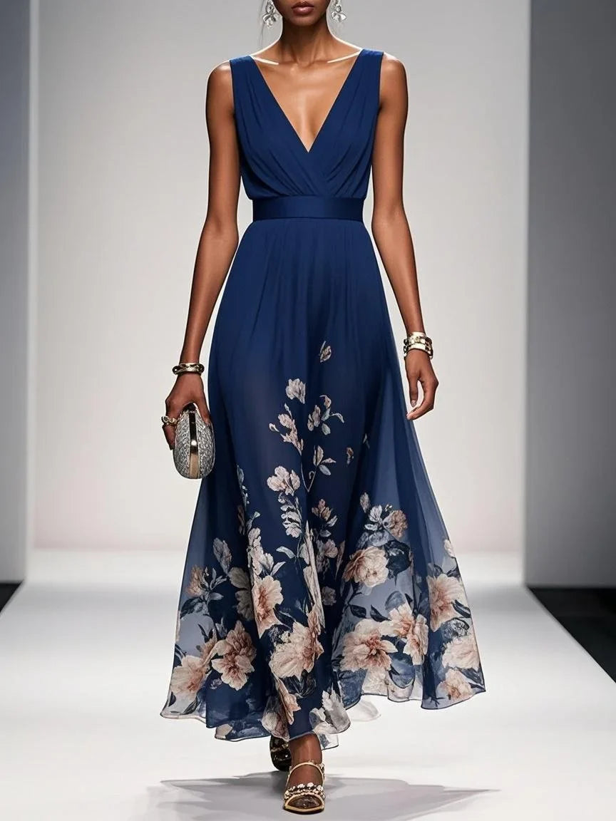 Dress Light Blue Romantic Floral Chiffon V Neck Sleeveless A-Line Maxi Dress Pleats Prom Dress