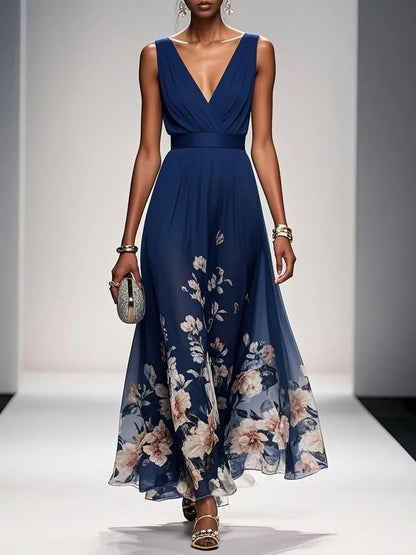 Dress Light Blue Romantic Floral Chiffon V Neck Sleeveless A-Line Maxi Dress Pleats Prom Dress