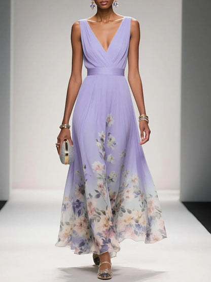 Dress Light Blue Romantic Floral Chiffon V Neck Sleeveless A-Line Maxi Dress Pleats Prom Dress