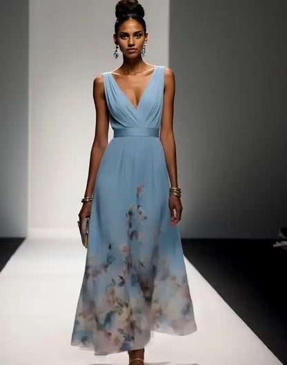 Dress Light Blue Romantic Floral Chiffon V Neck Sleeveless A-Line Maxi Dress Pleats Prom Dress