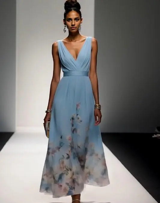 Dress Light Blue Romantic Floral Chiffon V Neck Sleeveless A-Line Maxi Dress Pleats Prom Dress