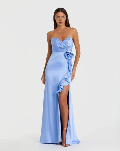 Dress Light Blue Satin Strapless Gown With Ruffled Flower Detail And High Slit Showcasing Opulent Elegance Prom Dress