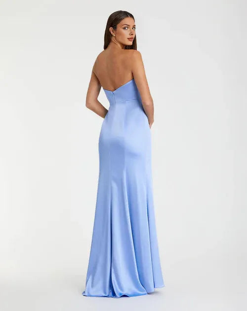 Dress Light Blue Satin Strapless Gown With Ruffled Flower Detail And High Slit Showcasing Opulent Elegance Prom Dress