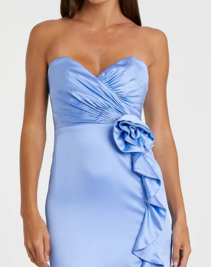 Dress Light Blue Satin Strapless Gown With Ruffled Flower Detail And High Slit Showcasing Opulent Elegance Prom Dress