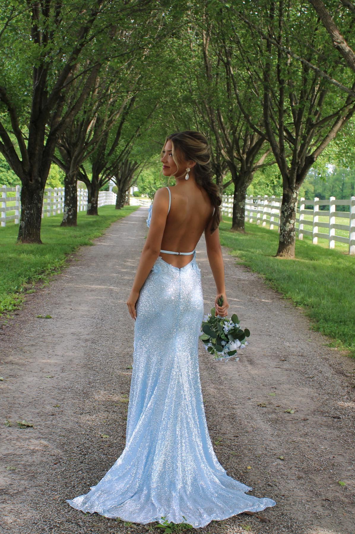 Dress Light Blue Sequin Fitted Formal Dress With 3D Flowers Prom Dress