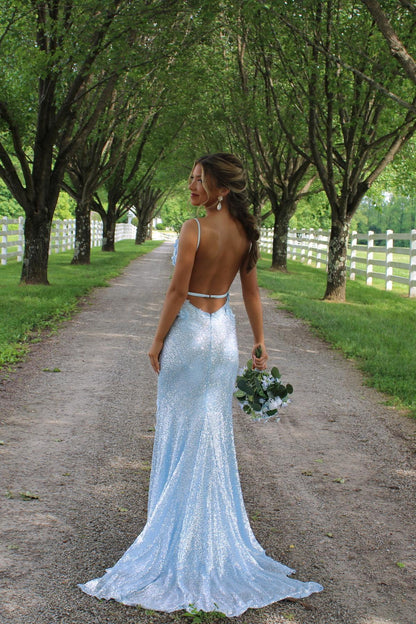 Dress Light Blue Sequin Fitted Formal Dress With 3D Flowers Prom Dress