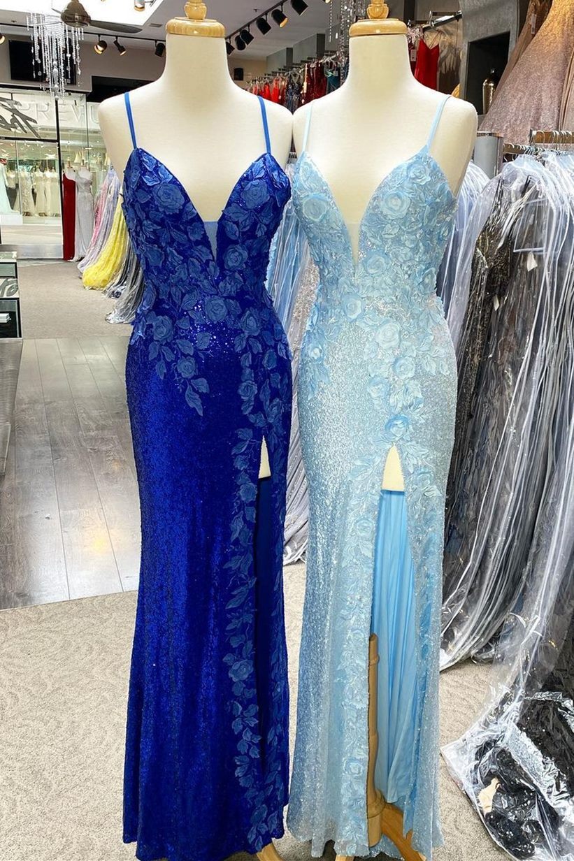 Dress Light Blue Sequin Fitted Formal Dress With 3D Flowers Prom Dress