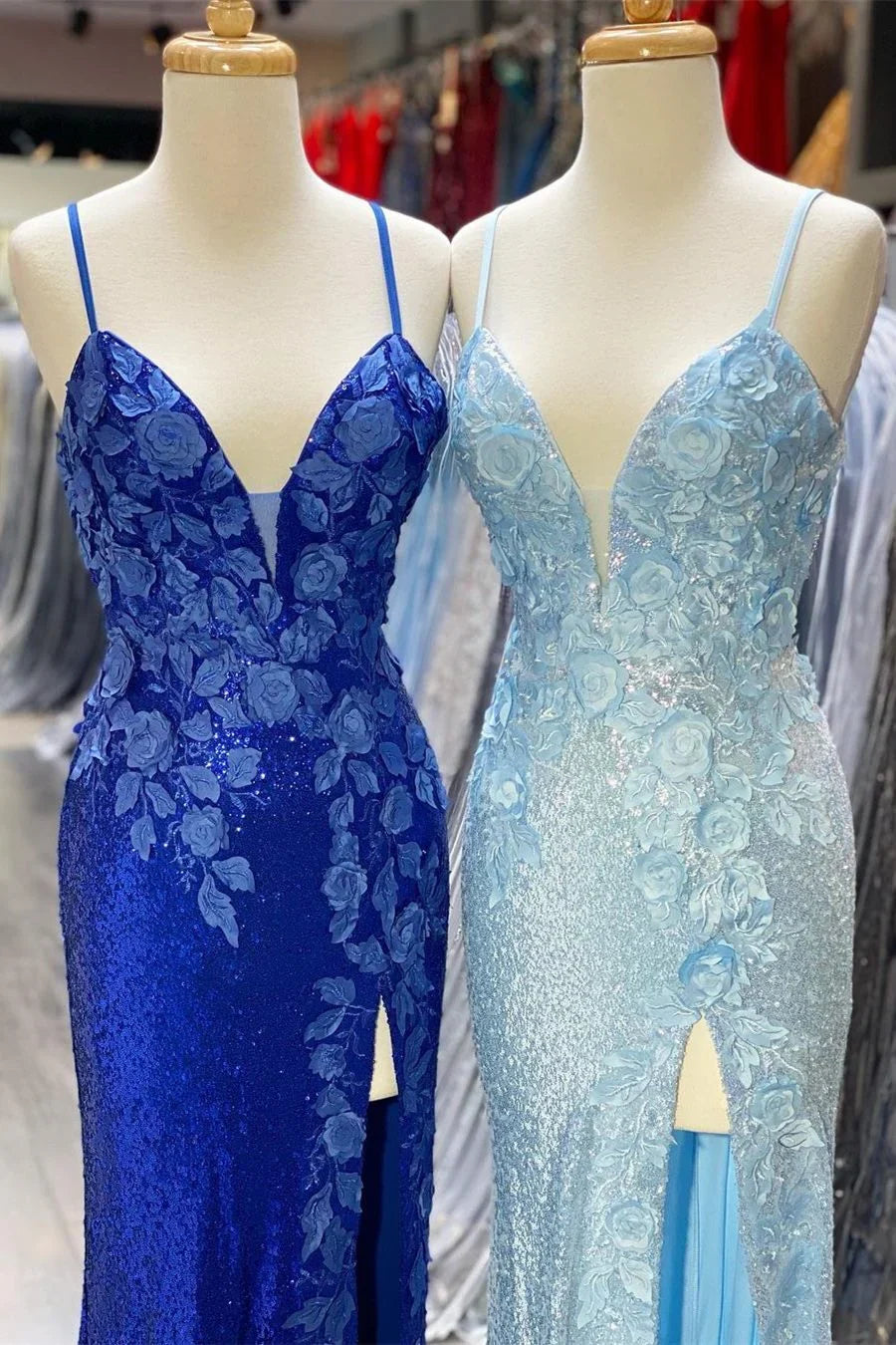 Dress Light Blue Sequin Fitted Formal Dress With 3D Flowers Prom Dress