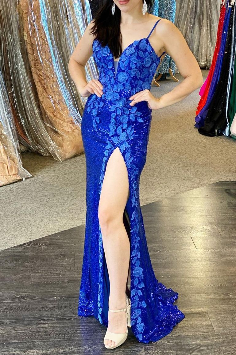 Dress Light Blue Sequin Fitted Formal Dress With 3D Flowers Prom Dress