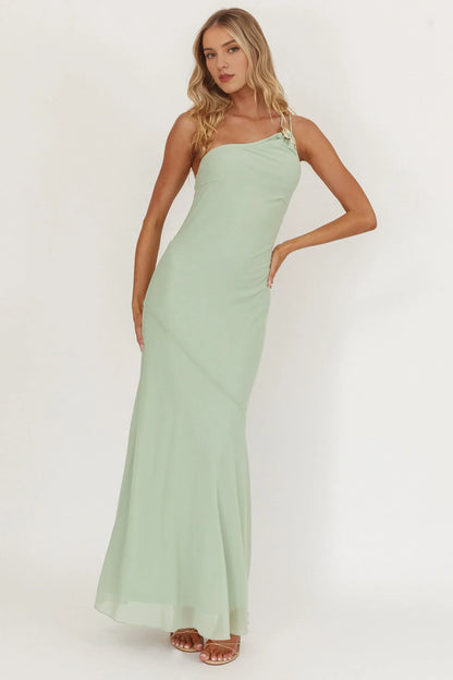 Dress Light Green Chiffon Maxi Dress with One Shoulder Neckline and Asymmetric Strap Detail Prom Dress