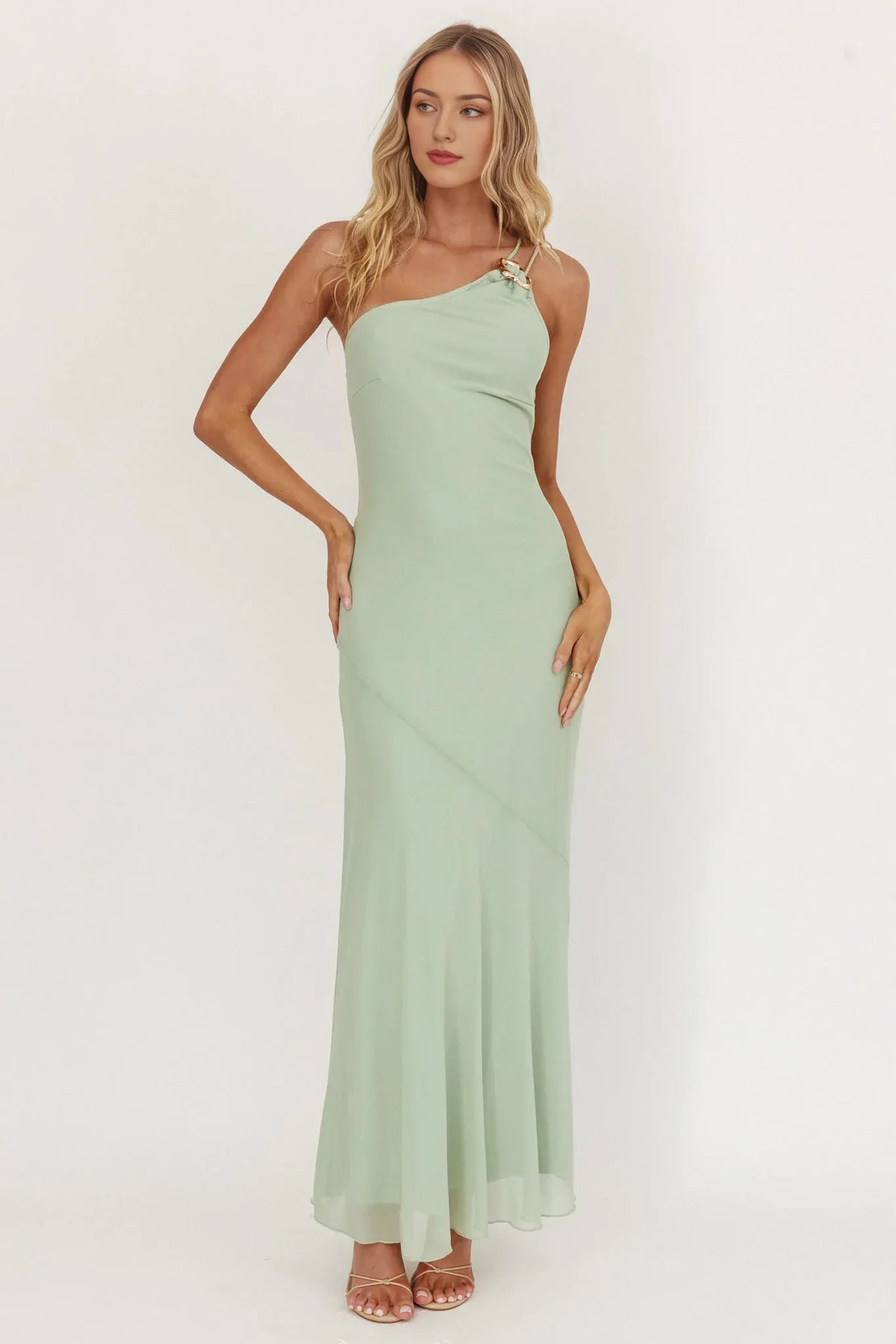 Dress Light Green Chiffon Maxi Dress with One Shoulder Neckline and Asymmetric Strap Detail Prom Dress