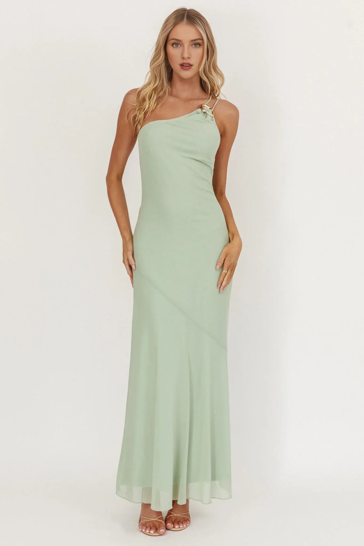 Dress Light Green Chiffon Maxi Dress with One Shoulder Neckline and Asymmetric Strap Detail Prom Dress