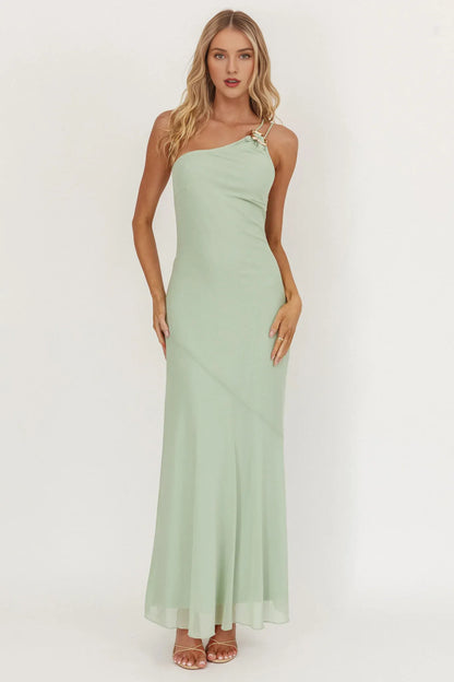 Dress Light Green Chiffon Maxi Dress with One Shoulder Neckline and Asymmetric Strap Detail Prom Dress