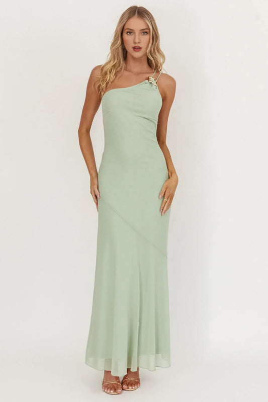 Dress Light Green Chiffon Maxi Dress with One Shoulder Neckline and Asymmetric Strap Detail Prom Dress