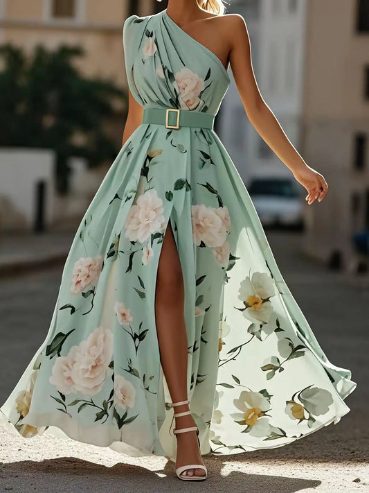 Dress Light Green Floral Ruched One Shoulder A-Line Maxi Chiffon Romantic Flower Printed Dress Maxi Dress