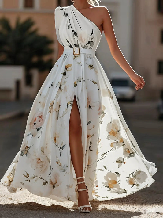 Dress Light Green Floral Ruched One Shoulder A-Line Maxi Chiffon Romantic Flower Printed Dress Maxi Dress