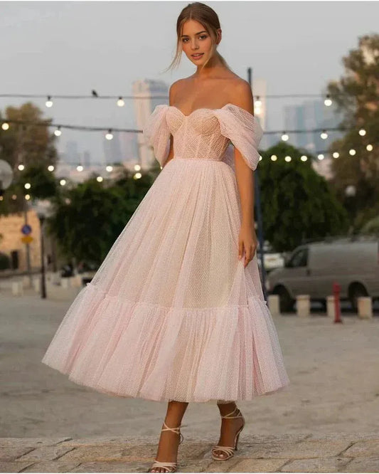 Dress Light Pink A Line Off-the-shoulder Tulle Tea-Length Homecoming Dress Party Dress