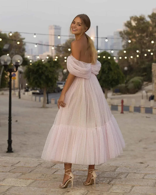 Dress Light Pink A Line Off-the-shoulder Tulle Tea-Length Homecoming Dress Party Dress