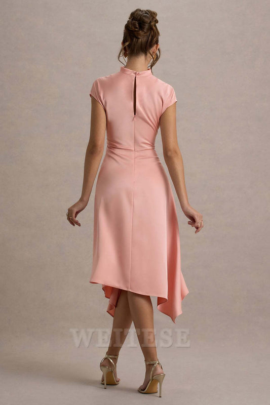 Dress Light Pink Satin Midi Dress With Draped Hem Bridesmaid Dress Hight Neck A-line Prom Dress