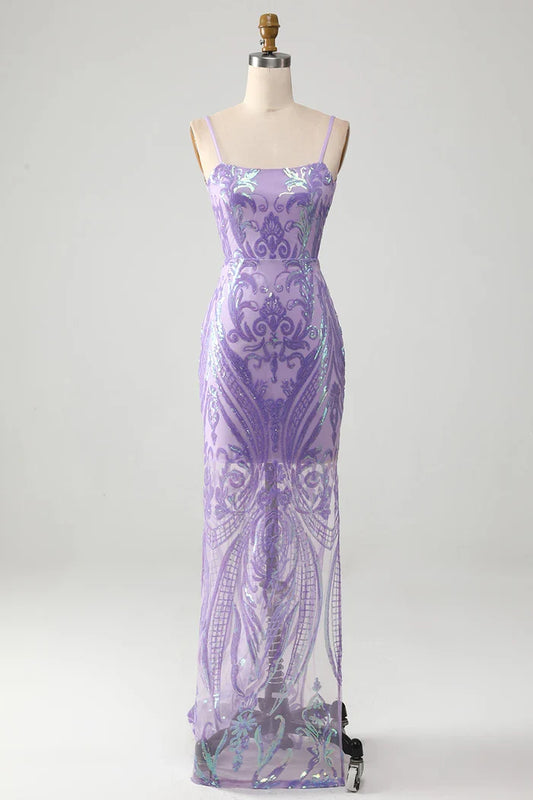 Dress Light Purple Spaghetti Straps Backless Evening Dress With Sequins Prom Dress