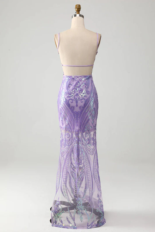 Dress Light Purple Spaghetti Straps Backless Evening Dress With Sequins Prom Dress