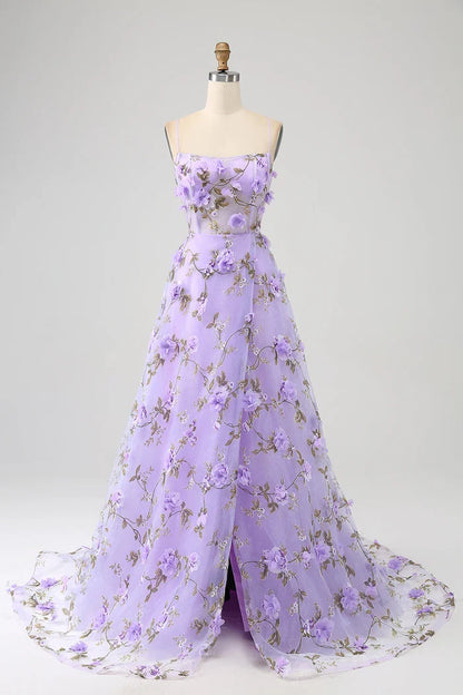 Dress Lilac A-Line Spaghetti Straps Party Dress Maxi Dress With 3D Flowers Prom Dress