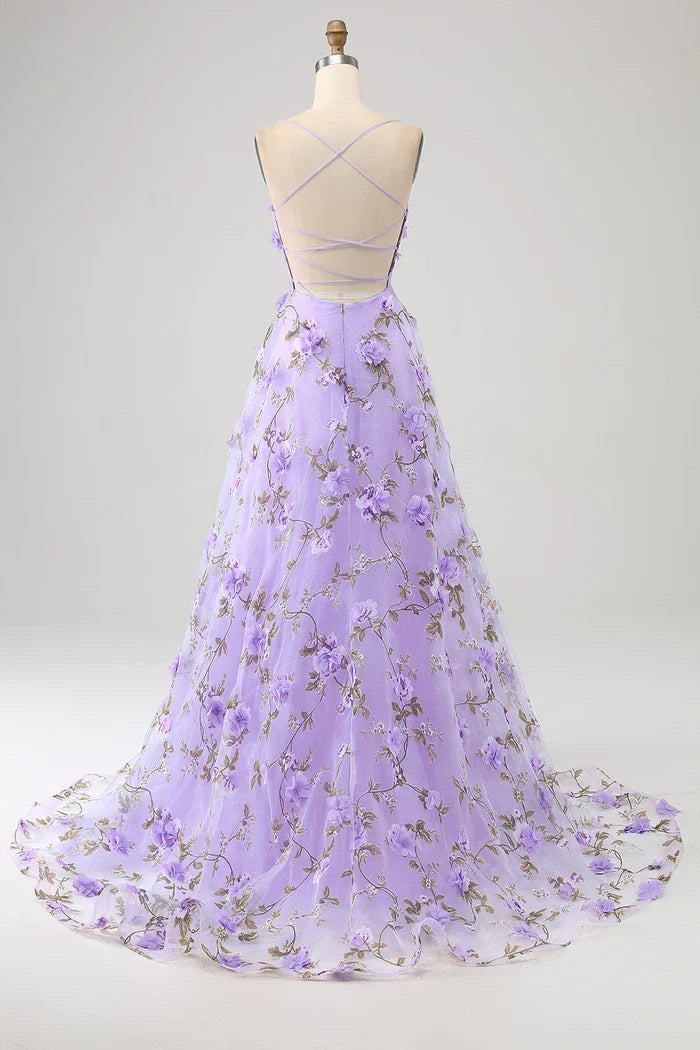 Dress Lilac A-Line Spaghetti Straps Party Dress Maxi Dress With 3D Flowers Prom Dress