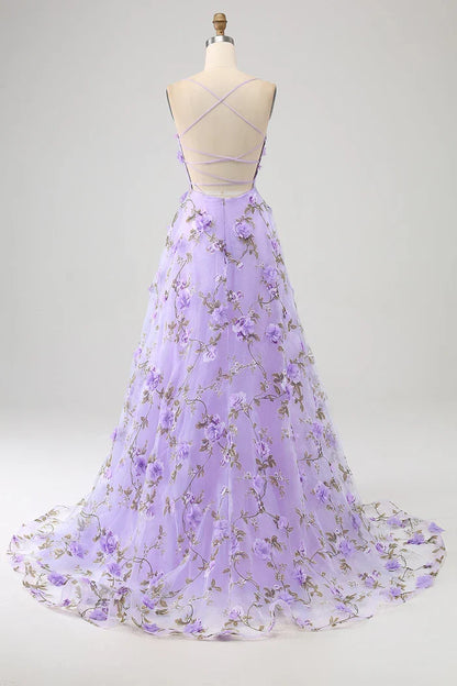 Dress Lilac A-Line Spaghetti Straps Party Dress Maxi Dress With 3D Flowers Prom Dress
