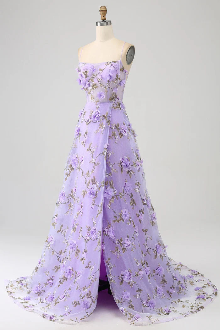 Dress Lilac A-Line Spaghetti Straps Party Dress Maxi Dress With 3D Flowers Prom Dress