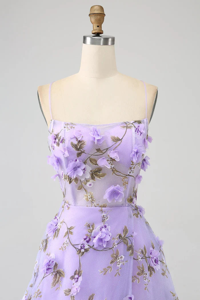 Dress Lilac A-Line Spaghetti Straps Party Dress Maxi Dress With 3D Flowers Prom Dress