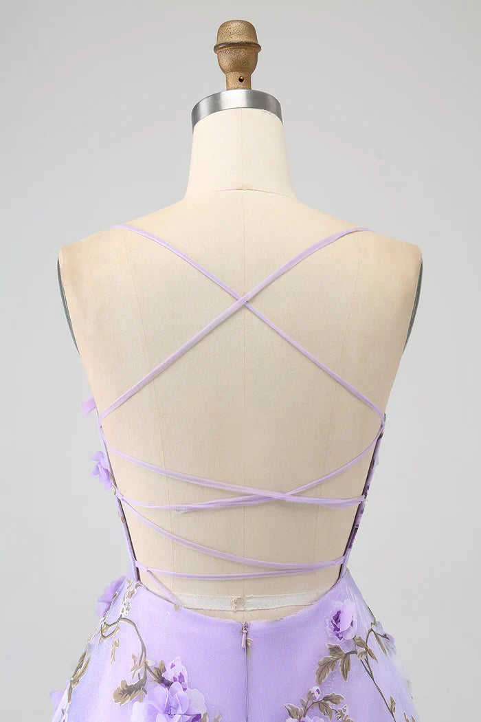 Dress Lilac A-Line Spaghetti Straps Party Dress Maxi Dress With 3D Flowers Prom Dress