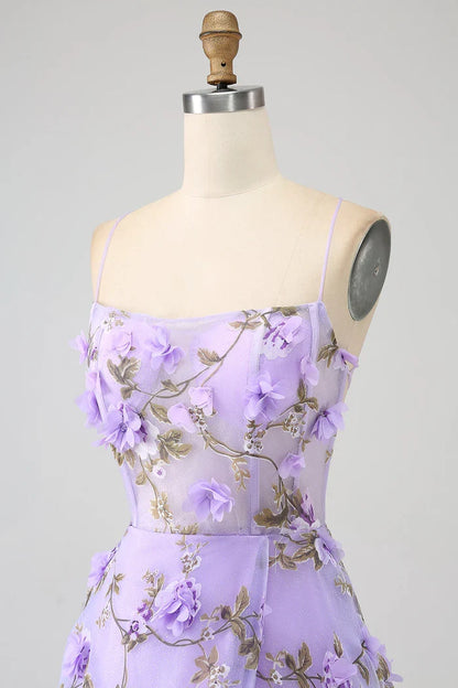 Dress Lilac A-Line Spaghetti Straps Party Dress Maxi Dress With 3D Flowers Prom Dress
