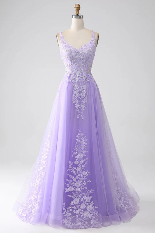 Dress Lilac A-Line Spaghetti Straps Tulle Maxi Dress Prom Dress Formal Dress With Appliques Evening Dress