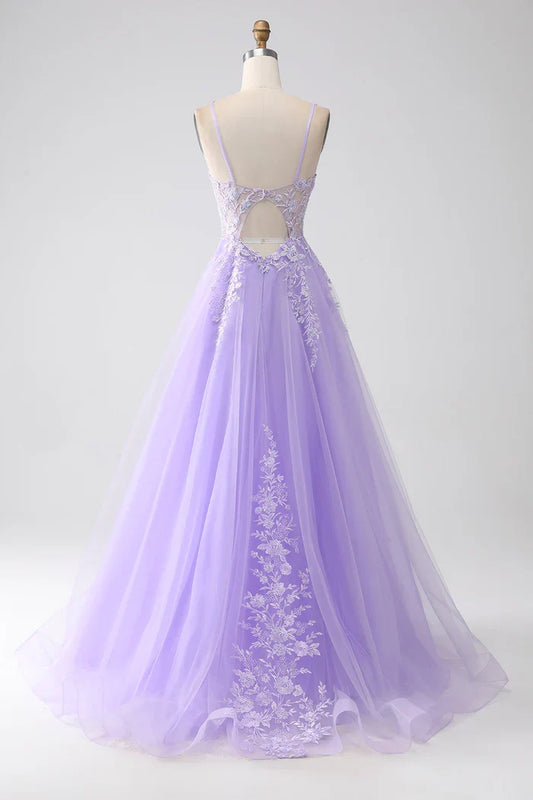 Dress Lilac A-Line Spaghetti Straps Tulle Maxi Dress Prom Dress Formal Dress With Appliques Evening Dress