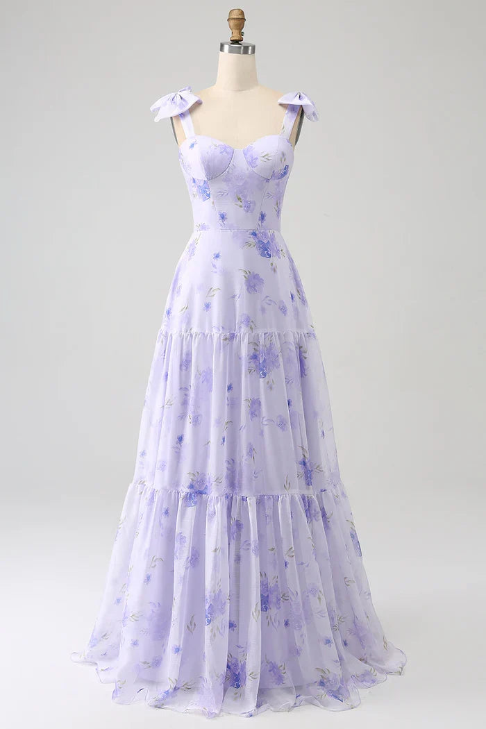 Dress Lilac Corset Floral A-Line Party Dress Maxi Dress With Lace Up Prom Dress