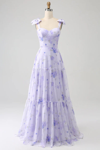 Dress Lilac Corset Floral A-Line Party Dress Maxi Dress With Lace Up Prom Dress