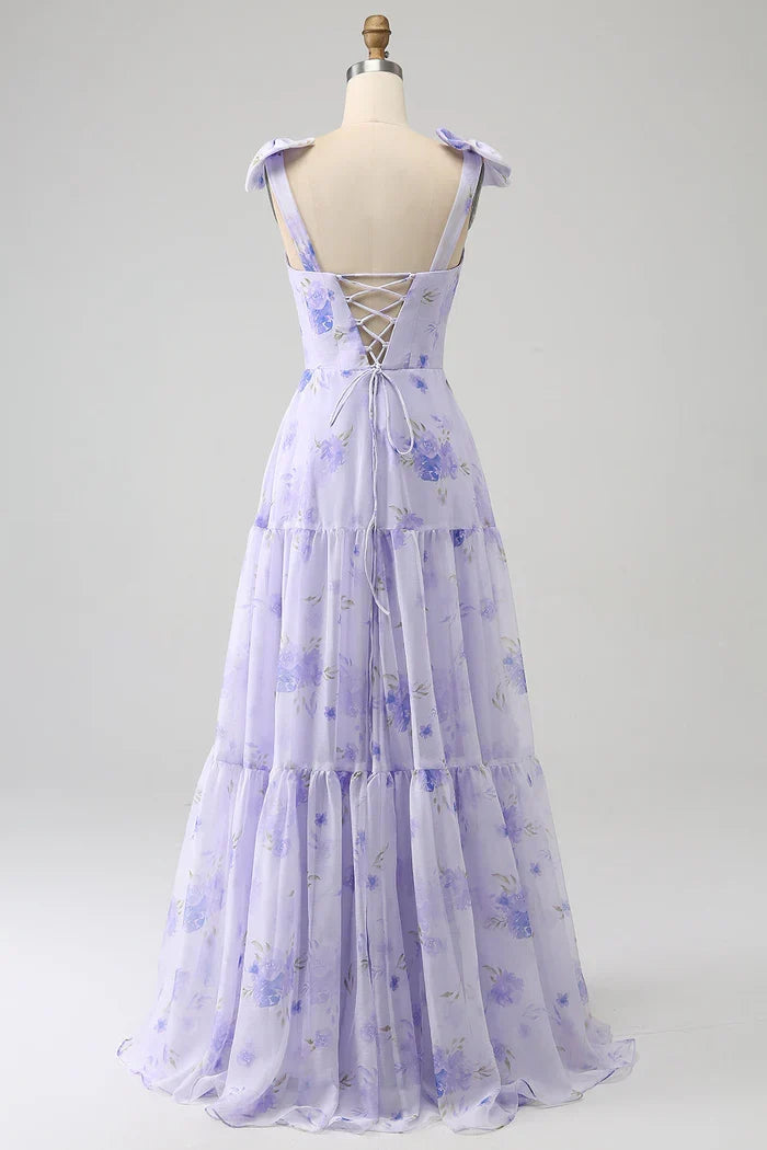 Dress Lilac Corset Floral A-Line Party Dress Maxi Dress With Lace Up Prom Dress
