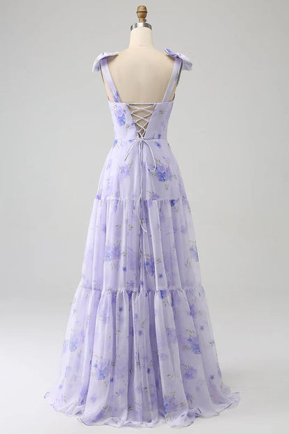 Dress Lilac Corset Floral A-Line Party Dress Maxi Dress With Lace Up Prom Dress