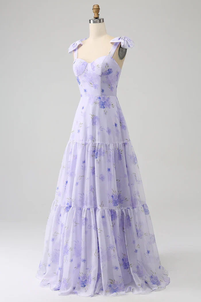 Dress Lilac Corset Floral A-Line Party Dress Maxi Dress With Lace Up Prom Dress