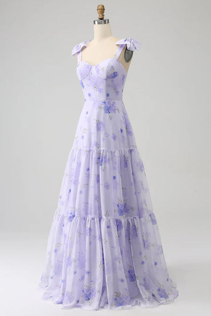 Dress Lilac Corset Floral A-Line Party Dress Maxi Dress With Lace Up Prom Dress