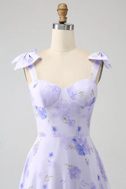Dress Lilac Corset Floral A-Line Party Dress Maxi Dress With Lace Up Prom Dress
