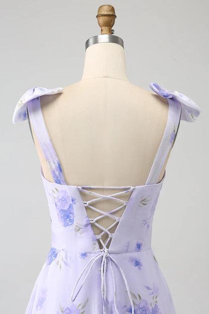 Dress Lilac Corset Floral A-Line Party Dress Maxi Dress With Lace Up Prom Dress